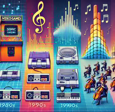 Ilustração horizontal destacando a evolução das trilhas sonoras de jogos.
