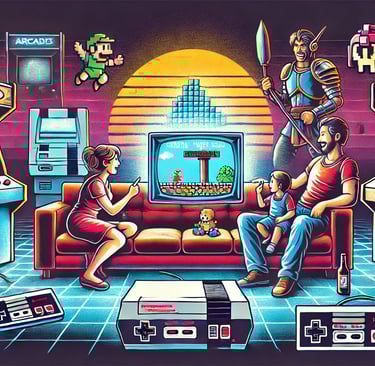 Cena de família jogando em um console NES nos anos 1980, com máquinas de arcade ao fundo