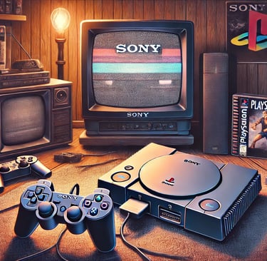 O console PS1 e seu controle clássico em uma sala de estar retrô, com uma TV de tubo 