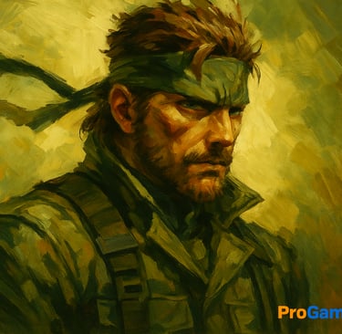 Solid Snake em pintura digital heroica, com iluminação dramática dourada.