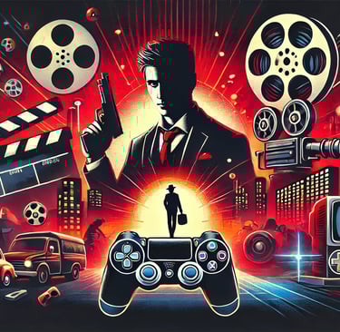 rolos de filme e câmeras ao redor de um personagem icônico de videogame segurando um controle,