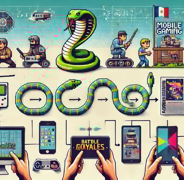 história e evolução do mobile gaming, com destaque para marcos como Snake, apps de jogos e battle