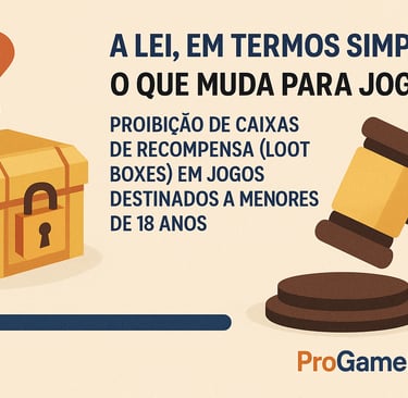 Infográfico sobre a proibição de loot boxes para menores de 18 anos no Brasil.