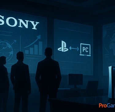 Executivos analisando telas com gráficos e ícone PS5 ↔ PC