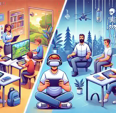 estudantes em atividades educativas com jogos, profissionais usando VR para treinamento