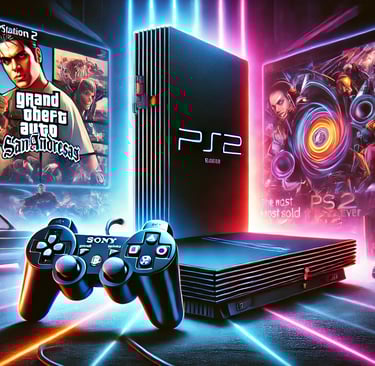 O console PS2 com um controle DualShock 2 em um ambiente com luzes de neon, jogos clássicos 