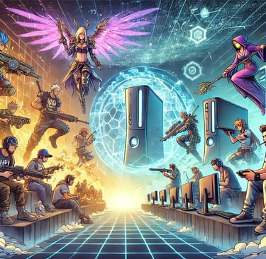 com jogadores online em MMORPGs e MOBAs, destacando a conectividade e consoles como o Xbox 360.