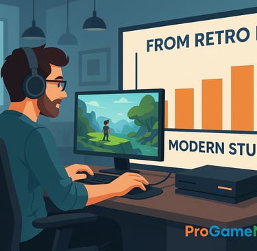 Desenvolvedor moderno criando jogo com gráfico de evolução dos estúdios.