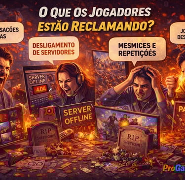 jogadores frustrados reclamando de microtransações, servidores offline e jogabilidade repetitiva.