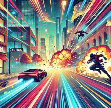 Herói em uma cidade futurista cheia de explosões e movimentos, representando a adrenalina dos jogos 