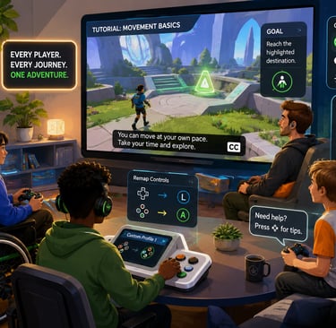 Jogadores usam recursos de acessibilidade em tutorial de game.