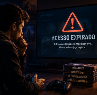 Jogador preocupado vê aviso de acesso expirado em biblioteca digital.