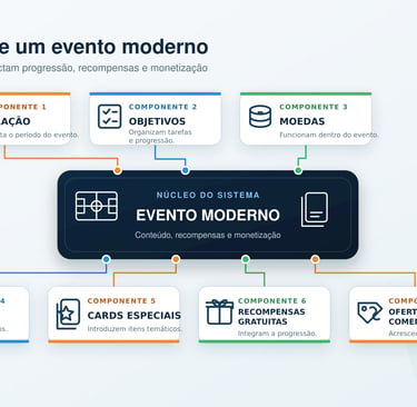 Anatomia de evento com duração, objetivos, moedas, pacotes, cards, recompensas e ofertas.