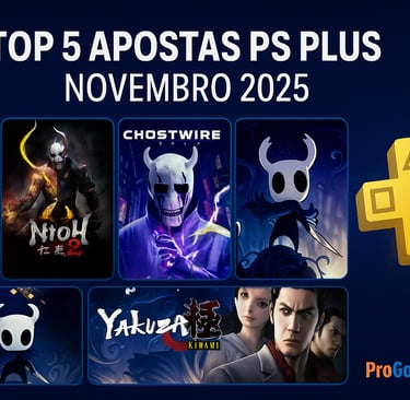 Ilustração horizontal com o título visível e jogos da PS Plus destacados para novembro de 2025.