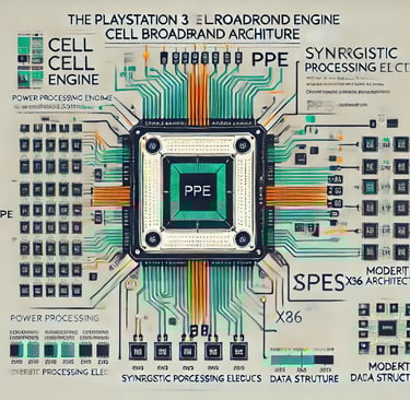 Diagrama da arquitetura do processador Cell Broadband Engine do PS3, comparado ao x86 moderno.