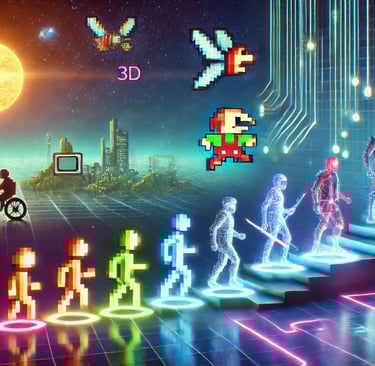 Ilustração da evolução dos jogos, mostrando personagens pixelados em 2D e transição para ambientes 3