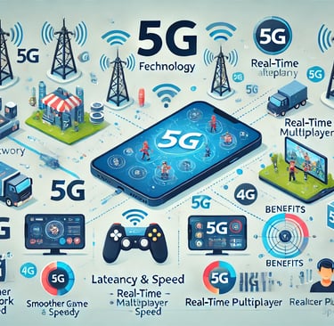 5G e seus benefícios para jogos móveis, incluindo latência reduzida e jogabilidade em tempo real.