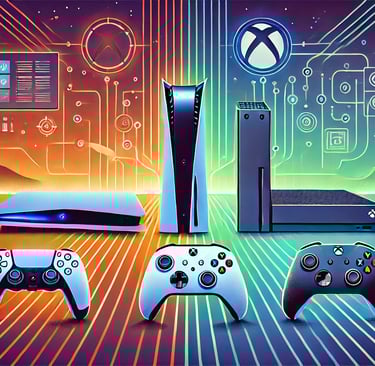 PS5 e Xbox Series X lado a lado, com controle DualSense iluminado e um fundo com linhas interconecta
