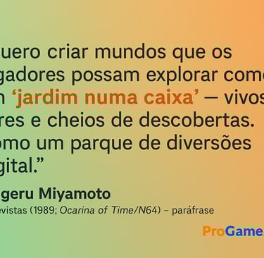 Box-quote 16:9 com frase de Miyamoto (paráfrase) sobre Hakoniwa e parque de diversões