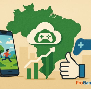 Mapa do Brasil com ícone de cloud gaming, celular e gráfico de crescimento, representando o potencia