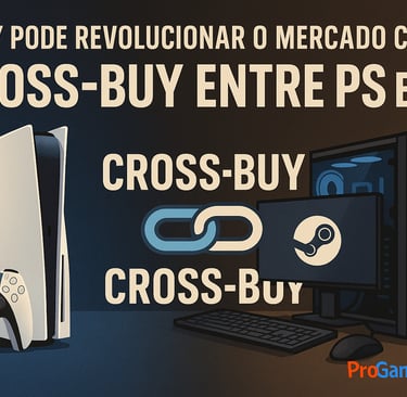 PS5 e PC conectados por um símbolo de Cross-Buy, representando compra única de jogos entre plataform