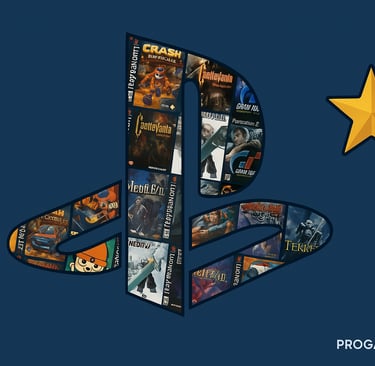 Mosaico de capas de jogos antigos formando o logotipo do PlayStation.