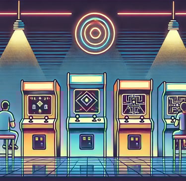 Cena retrô de arcade com máquinas genéricas, telas com gráficos simples e luzes de neon,