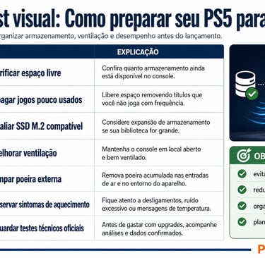 Checklist visual com etapas para preparar o PS5 para o lançamento de GTA 6.