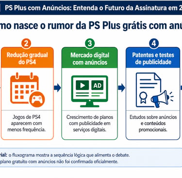 Fluxograma mostra como surgiu o rumor da PS Plus grátis com anúncios.