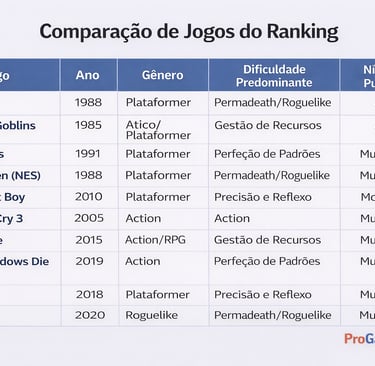 Tabela comparando jogos difíceis por ano, gênero, tipo de dificuldade e nível de punição