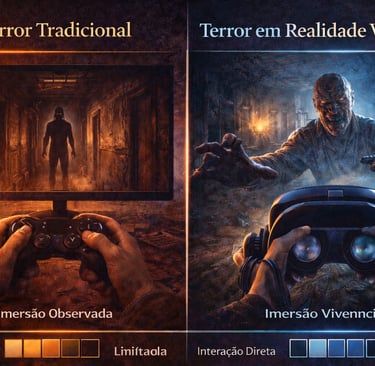Comparação visual entre terror tradicional e terror em realidade virtual mostrando diferenças de ime