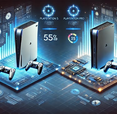 Consoles PS5 e PS5 PRO comparados em um ambiente tecnológico, com destaque para o PS5 PRO