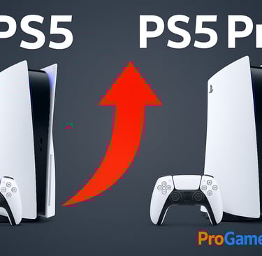 PlayStation 5 e PlayStation 5 Pro lado a lado com seta vermelha de aumento.