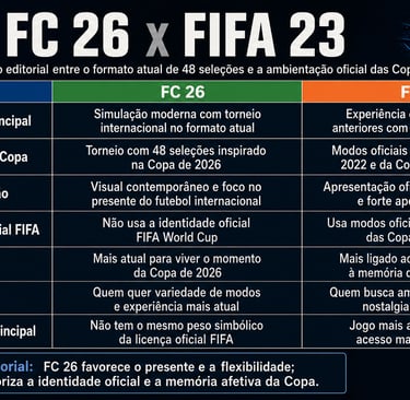 Tabela compara FC 26 e FIFA 23 em formato, licença, ambientação e público.