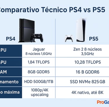 Infográfico comparando PS4 e PS5, mostrando CPU, GPU, RAM, armazenamento e resolução máxima