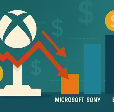 Gráfico de barras comparando desempenho financeiro de Microsoft, Sony e EA, com símbolo do Xbox 