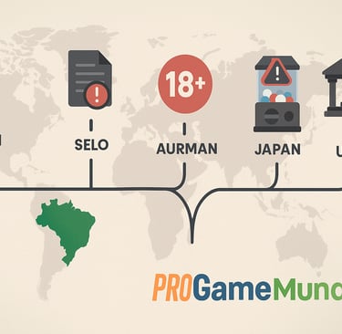 Infográfico comparando regulações internacionais de loot boxes em países como Bélgica, Alemanha, Jap