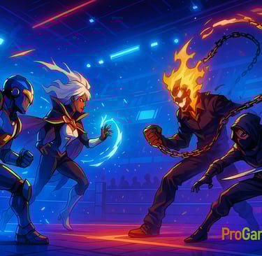 Arena futurista com quatro lutadores em estilo anime