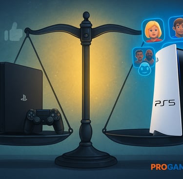Balança comparando PS4 e PS5 com ícones da PSN e avatares.