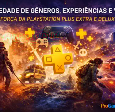 Ilustração editorial destacando a diversidade de gêneros do catálogo PlayStation Plus