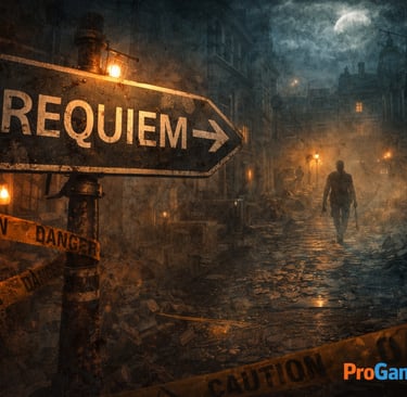 Placa “REQUIEM” em rua abandonada com neblina, luzes fracas e figura ao fundo