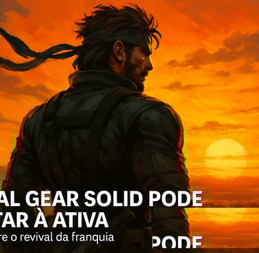 Solid Snake olhando para o horizonte em pôr do sol épico.