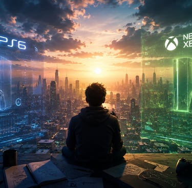Jogador observa conceitos futuristas de PS6 e novo Xbox.