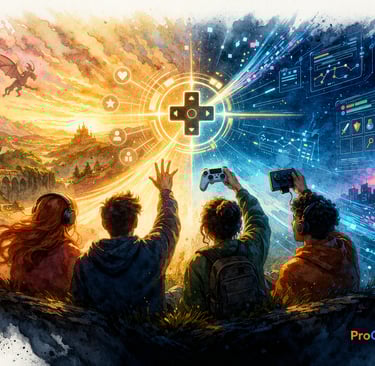 Jogadores observam interfaces holográficas em cena final sobre games.