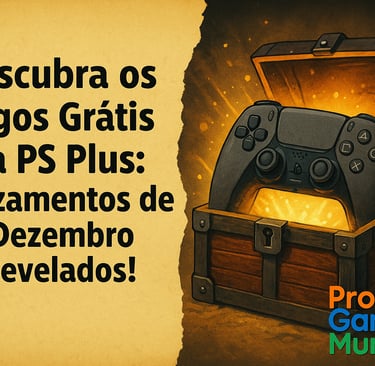 Controle DualSense surgindo de um baú iluminado como um tesouro gamer.