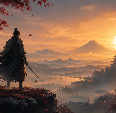 Guerreiro observa vale e castelo ao amanhecer