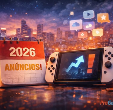 Console portátil com seta de alta e calendário 2026, ícones de redes ao fundo