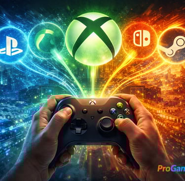 Controle Xbox com fluxos visuais conectando plataformas e serviços digitais do ecossistema Xbox