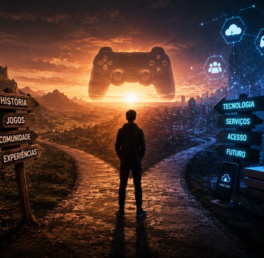 Jogador diante de caminhos entre história dos consoles e futuro digital dos games.