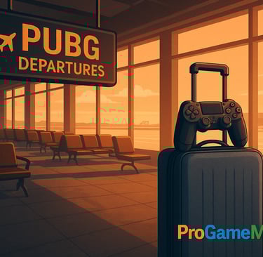 Controle de PS4 sobre uma mala em um aeroporto com placa “PUBG Departures”.